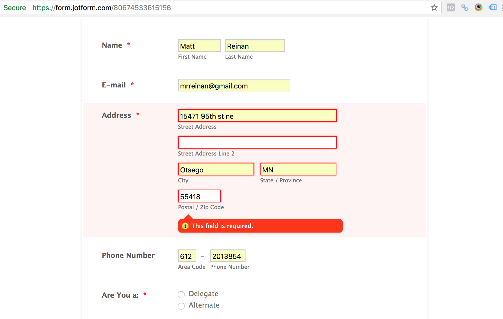 Zip Code in Address field is Required